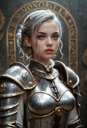 full body, head to toe image, a lone female warrior, has blue eyes, medium breasts, and short, grey hair adorned with a hair ornament. Her makeup is minimal, with parted lips and accented eyelashes. She has an ear piercing and a realistic, expressionless look on her face, the female warrior, complete with shoulder armor, ruff, and pauldrons, random detailed background