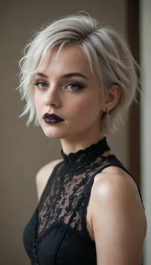 masterpiece, best quality, girl, solo, 29 years old, white hair, (very short hair:1.2), goth, gothic style, gothic make-up, black lipstick
