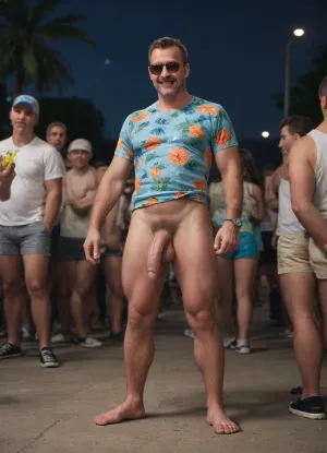 full body photo, david harbour, david, harbour, turkisch man, arab man, bearish man, man bear, moustache, bald head, sunglasses, wearing sunglasses, daddy, mature, wearing a colourful hawaiian shirt, t-shirt, guy has pulled down his shorts, shorts down, dick hanging out of the shorts, balls hanging out of the shorts, nude dick, nude balls, showing dick, showing balls, naked genitals, naked dick, standing at a beach party at night, big dick, hairy, furry, hairy thighs short from below, laughing out loud, laughing, holding a cocktail, cocktail in hand, sunset in background, party crowd in background, cinematic lighting, film still, movie still, perfectly drawn face, hyper realistic face, real face, <lora:davidharbour:.5>