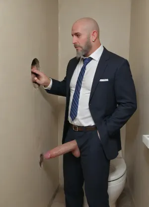 Bald man, mature man, full beard, long beard, man at the glory hole, sucking dick, photo of a man, sucking Dick, glory hole, blowjob, high detail, office restroom, office toilet, suit, tie, white collar, business, daddy, turkish man, arab man, balls hanging through the glory hole, testicles, <lora:268670_training_data:.5>