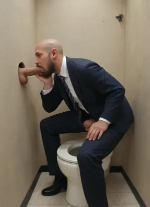 man at the glory hole, man sucking dick, photo of a man, sucking Dick, dick through the glory hole, glory hole, blowjob, high detail, office restroom, office toilet, suit, tie, white collar, business, banker, daddy, turkish man, arab man, 40s 50s, balls hanging, hand on balls, touching testicles, Bald head, mature man, full beard, long beard, beard, full grown beard, testicles, bathroom tiles, <lora:268670_training_data:.6>