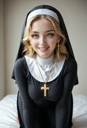 A person with long blonde hair is standing on all fours, looking straight ahead with a charming smile. She has a slender and graceful silhouette, with delicate and harmonious facial features. Her hair flows in soft waves over her shoulders. She wears a black nun's habit with a white collar, which contrasts beautifully with her clear, luminous complexion. A golden cross hangs from their neck, adding a spiritual dimension to their appearance. The outfit is modernized with cutouts on the sides of the hips, which add an elegant touch to the traditional