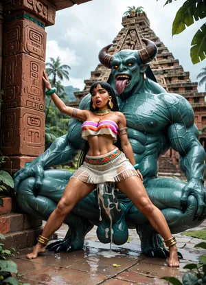 chel, road to eldorado, outdoor, aztec temple, sex with kaiju monster, chel fucked by giant kaiju monster, giant monster cock bigger than chel, hyper monster penis, stomach stretched by giant monster cock, clothes, cleavage, anklet, aztec pyramid, see through skirt, rainy day, huge creampie