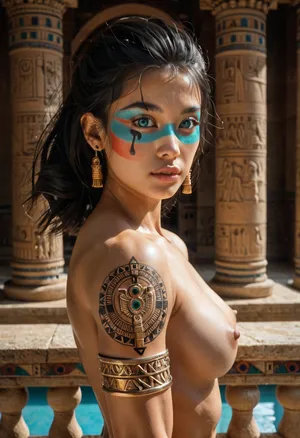 Upper body view, close-up of boobs, focus on boobs, young beautiful 18 years old girl, Asian, toned muscles, slim, bright turquoise eyes, naked, bob hairstyle, straight black hair, girl squeezes her boobs, ritual face paint, ritual makeup, ritual crown, ritual jewelry, gold jewelry, body is completely covered with runic tattoos, view from inside the temple, balcony of an ancient Egyptian style temple