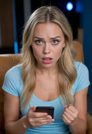 UHD 8K, (shy Christian girl sitting in an armchair and staring at her phone), (it is dark and her face is illuminated by the blue light her smartphone), (she is shocked and disgusted as she discovers that someone posted deepfakes of her on the Internet), (horror-struck), (night time), (her mouth is wide open in shock), (she is frowning), (she is extremely taken aback), (her gaze is locked her phone's screen), (realistic proportions), (perfect hands), surprised, look, girl, (girl frowning in disgust:1.5), (shocked:1.2), (hot chick:1.2), (northern European:1.2), (dirty blonde:1.2), (tanned), (freckles:1.1), (Swedish fitness girl:1.2), (disappointed expression:1.5), (big tits)