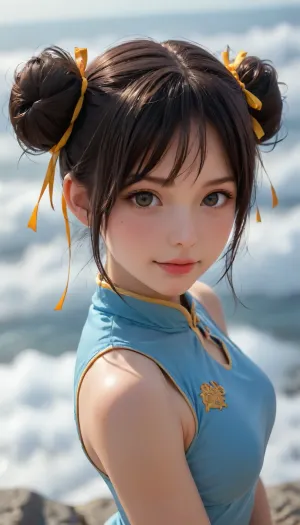 half body, 3/4 view portrait of a girl with two bun hair, yellow ribbon, black hair, side view, tiny boobs, blue cheongsam with yellow lining, facing side, cloudy, 4ng3l, face, ultra high angle shot, looking at viewer, smiling, thick fat legs, athletic muscular body, <lora:SDXL_BetterFaces-LoRA_v1:.5>, heroic pose