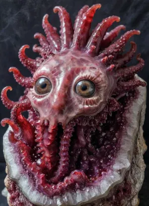 Very realistic, masterpiece, super, natural stones and minerals, fantasy, (tentacles, mouth, many, eyes, eye, split, blood:1.2), made, of, geode, still, life, <lora:geodeXL:1.2>