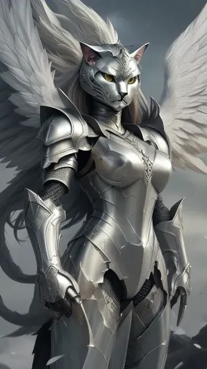 Armored cat, beautiful armor, feline, graceful, engraved, elegant design, armored cat head, combat pose, Angel wings, flat chest, banner