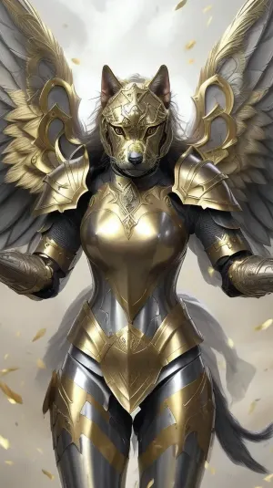 Armored dog, beautiful armor, feline, graceful, engraved, elegant design, armored dog head, combat pose, Angel wings, flat chest, banner, gold