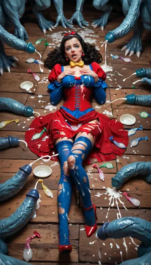 Snow White, 20s, standing, high heels, torn clothes, sexual intercourse, cum on clothes, ejaculation, excess sperm on face, no panties, It's night outside the lumberjack's cabin, used condoms are scattered everywhere on the floor, dirty thongs are lying on the floor, sleeves, puffy, red dress, yellow bow, blue tight skirt, corset, many giant monsters are around girl
