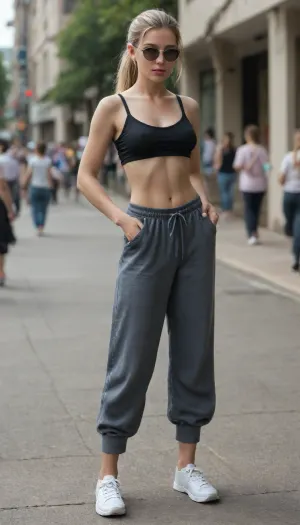 masterpiece, photorealistic, maximum details, an extremely beautiful young woman, massive boobs, blonde hairy pussy, very slim waist, long straight blonde hair tied to a ponytail, twerking, legs wide spread, wearing baggy pants and baggy top and sunglasses, flashing tits in public, full body