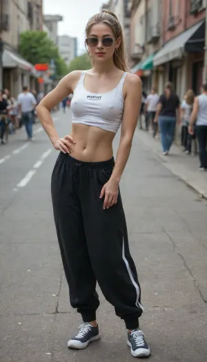 masterpiece, photorealistic, maximum details, an extremely beautiful young woman, massive boobs, blonde hairy pussy, very slim waist, long straight blonde hair tied to a ponytail, twerking, legs wide spread, wearing baggy pants and baggy top and sunglasses, flashing tits in public, full body