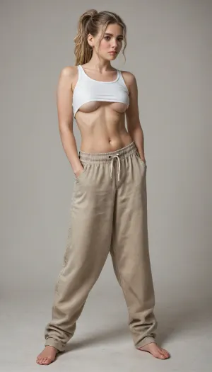 masterpiece, photorealistic, maximum details, an extremely beautiful young woman, massive boobs, blonde hairy pussy, very slim waist, long straight blonde hair tied to a ponytail, twerking, legs wide spread, wearing baggy pants and extremely short baggy tanktop, underboobs, full body