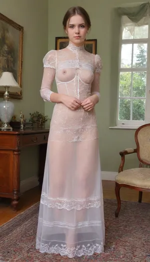 Victorian lady, 25yo, exquisite long Victorian dress, lace detail, full length, (one rectangular section of the front of her dress is missing, covered by clear transparent plastic), showing her small tits, . Good face. She looks embarrassed, ashamed, unsure. Sumptuous Victorian drawing room.