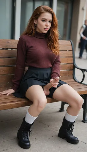 full body image, Irish, pale skin, very long wavy ginger red hair, body covered with freckles, small penis, transgender, (futanari:1), (breasts:1), (no nuts:1), legs spread, Trfut, flac-futa, flac-penis, photo, artwork, wide hips, wearing, (sweater, black combat boots, white knee socks, dark green pleated skirt, black panties), facing forward, back arched, masterbating, stroking her cock, she is having an intense orgasm, cum shooting from her penis, hand around her cock, sitting on a bench in busy city, 2 Shemales, sex, intercourse, fucking each other In public