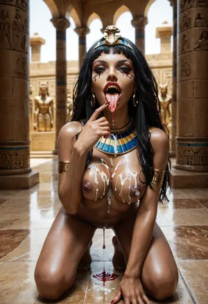 Beautiful 18 years old Egyptian vampire princess, cat eyes, long forked tongue, alone, naked and her body covered with gold paint, long black hair, very long vampiric fangs, blood dripping from her lips, licking her finger, luxurious Egyptian tiara in dark fantasy style, symmetrical epic fantasy art, dark fantasy, cum on her breasts, predatory look, in an Egyptian temple with a statue of the god Seth, full body view