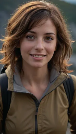 woman, ((wild untied hair with sidelocks), , , dressed cute tall tall brown hiking clothes, ((hiking pants)), , , ((hiking jacket)), , , gymnastic body, medium bobs, lots of freckles face and skin, very hard blush on the checks and nose, raised nasal tip, cute tall tall smile, hypnotized loving eyes, sunbeams, sunrise, hard shadows, ((blushing)), , , (long hair), , , (brown hair), , , (brown eyes), , , (mountain climber), , :1.2), ((submissive)), ((lovely)), (((in very sexual erotic pose))), wild short sport ponytail, full body, ((very much want have sex)), ((high detailed pores on skin)), well-build body, medium tits, small lips, lots of freckles face and skin, blush on the checks and nose, (raised nasal tip, upturned button nose, upturned nose, delicate nose, nose), hypnotized loving grey eyes, brown wild wet hair with sidelocks, very sexy smile, masterpiece, 4k, best quality, anime art, (anime art:.1)