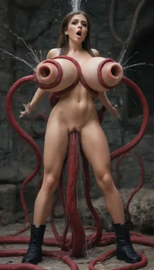 ((full body view)), (((Lora Croft))), Tomb Raider, muscular physique, very huge thick breasts, (((very long slim straighten legs:1.5))), ((the girl issuspended by a huge thick penis)), ((the girl's very long slim straighten legs)), (((wearing black boots)), (((the girl's cervix protrudes from the vaginal opening))), ((having vaginal sex with a very huge thick penis)), ((a very huge thick penis penetrating girl's vagina)), ((stomach bulge)), (((gaping nipples:1.7))), (((other one giant tentacle penetrating nipples:1.9))), ((nipples squirting milk:1.5)), standing, ((in a tomb)), __devilkkw/body-1/breasts_descriptions__, biting, deep_skin_breasts, orgasmface), orgasmface, <lora:orgasmface_SDXL:.5>