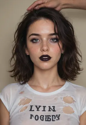 a beautiful prostitute with the face of a supermodel, black hair, ((black lipstick)), full lips, slutty dark eye makeup, cum on her face, her shirt torn apart, 35 years old, VIP escort, dirty sloppy hair, a man's hand grabbed her hair, pale white skin, exhausted look with secret enjoyment, slutty, dirty, drunk, saggy tits, <lora:315758_training_data:.8>