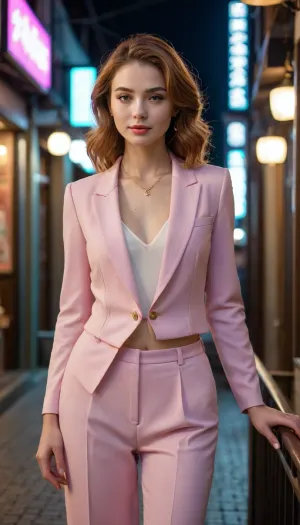 Hyperrealistic 8K full body of a female model.

BACKGROUND & SETTINGS, Neon-lit alleyway with glowing signs in Japanese, steam rising from food stalls., Narrow street with bustling pedestrians, traditional ramen shops, and convenience stores., Cool evening air, vibrant pink and blue reflections on wet pavement, distant city hum. COMPOSITION & POSE, Mid-length shot, straight-on angle, natural depth of field., Model leaning slightly against a balcony railing, one hand resting on the ledge, the other brushing her hair back., Soft gaze toward the camera, subtle smile, relaxed shoulders. PHYSICAL FEATURES, 5'8", (174 cm), toned yet feminine physique, 95C bust, slim waist, long legs., Heart-shaped face, high cheekbones, straight nose, full lips with cupid’s bow., Porcelain skin, subtle freckles, large almond emerald green eyes with golden flecks., Auburn lashes, perfectly arched eyebrows matching hair color. HAIR, Luxurious natural copper/auburn, silky waves, thick volume, mid-back length., Multi-dimensional color with golden highlights, face-framing layers. Outfit, Tailored white blazer with a deep V-neckline, cinched waist, and gold buttons., High-waisted beige wide-leg trousers with a subtle pleat., Delicate gold chain necklace and nude stiletto heels. TECHNICAL DETAILS, Ultra-detailed skin texture, subsurface scattering, realistic eye reflections., Individual hair strand detail, natural movement., 8K resolution, medium format camera, beauty lighting, center composition.