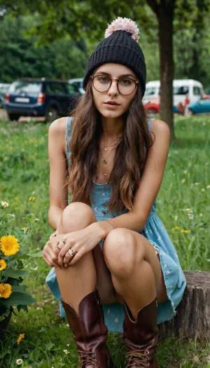sexy hipster brunette 20 years old, tall and skinny, big pussy, tiny tits, outside, flower summer ripped dress, vintage leather boots, looking at the camera, big round glasses, Beanie's hat with hipster jewelry, naught cute charming face, extreme hairy pussy, open legs, showing her pussy, hands on hair, public park