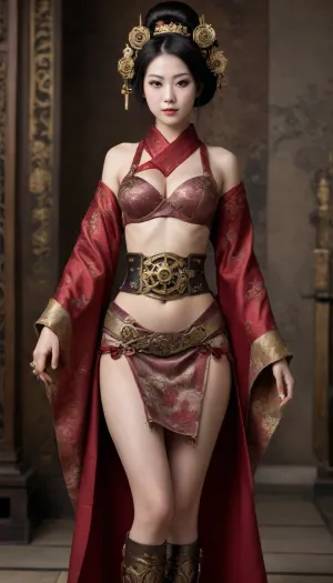 **Prompt for AI Image Generator, **, (((exposed breasts, revealing her breasts, perky breasts, large breasts))), (open kimono), "A steampunk geisha from a steampunk samurai novel, blending traditional Japanese elegance with the industrial aesthetic of steampunk. She is a striking figure with porcelain skin, her face partially obscured by intricate mechanical elements and a delicate mask inspired by the traditional Noh theatre. Her eyes are sharp and confident, framed by long, dark lashes, with an air of mystery and grace. She wears a beautifully detailed kimono made from luxurious fabrics with metallic threads woven into the fabric, shimmering in hues of deep crimson, gold, and black. The kimono features elaborate, hand-painted designs of clockwork gears, swirling steam, and phoenixes, all accented with copper and brass embellishments.

The kimono is open, revealing her perky breasts, kimono has asymmetrical in design, with one sleeve rolled back to reveal a delicate, intricate arm brace made of brass, gears, and polished leather. The cuff around her wrist pulses with the soft glow of a mechanical device, showing that beneath her refined appearance lies a woman who is deeply connected to the machinery of her world. Her obi, (sash), is adorned with small mechanical elements, such as tiny rotating gears and steam valves, which are subtly integrated into the flowing design.

Her hair is styled in an elaborate updo, traditionally tied with decorative kanzashi, (hairpins), but here they are replaced by small mechanical devices, such as miniature gears, intricate clockwork pieces, and copper coils, which glimmer softly. A thin, copper filigree veil with tiny clockwork components drapes around her face, enhancing her aura of mystery and mechanical elegance.

She wears tall, polished leather boots with brass buckles and hidden compartments for weapons. The boots are designed for agility, with gears and pistons that allow for swift movement. On her back, she carries a lightweight, mechanical katana with an ornate hilt, designed to combine traditional samurai craftsmanship with a steampunk twist. The blade itself hums faintly, powered by steam, and the hilt features small brass rivets and intricate piping that hint at its hidden functions.

The geisha’s posture is graceful and poised, with an air of controlled strength and elegance, combining the traditional role of the geisha with the fierce independence and resourcefulness of a steampunk warrior. She embodies the fusion of beauty and technology, with elements of old-world tradition seamlessly blended with the industrial revolution's gear-driven wonder."

**End Prompt**.