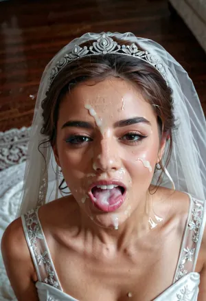 3/4 body shot of happy Iraniancute girl wearing wedding dress with cum on her forehead, facial, open mouth, (cum in mouth:1.3), <lora:Facials:.5>, <lora:JustCum:.5>