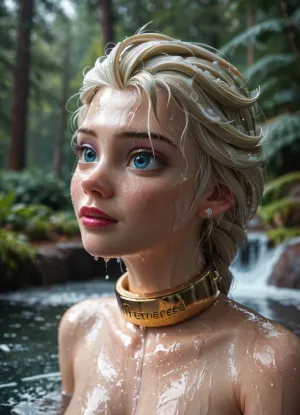 Elsa from Frozen, displayed naked in Arendelle, gold slave collar, wet body, wet hair.