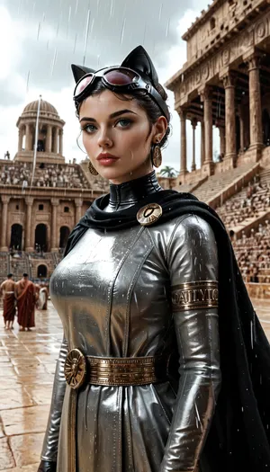 ancient rome, ancient greece, catwoman, selina kyle, brunette, classic uniform adapted to ancient rome clothing, in the rain in an ancient marketplace next to the colosseum, detailed background