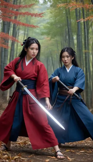 Photorealistic, realistic face, perfect face, ultra high quality, 8k, "Two fierce female samurai in traditional feudal Japan clothing engage in an intense sword fight. The scene takes place in a lush, misty forest with bamboo trees and distant mountains in the background. The two women, one wearing a red hakama with a flowing black kimono and the other in a dark blue hakama with silver armor accents, are locked in combat, their katana swords clashing with sparks flying from the impact. Both warriors have determined, focused expressions, their long black hair blowing in the wind. The atmosphere is tense, with a cloudy sky above, and the ground covered with fallen autumn leaves. The entire scene exudes a sense of honor, strength, and the timeless battle of skill and willpower."