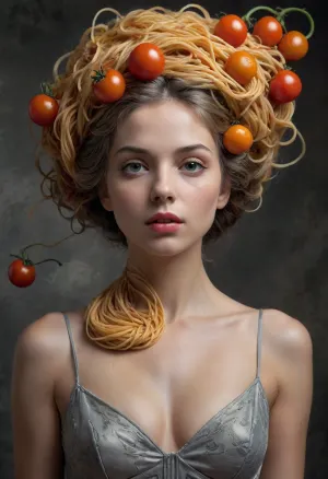 A breathtaking, exquisitely detailed RAW color photograph, capturing a masterpiece of realism with fine grain and crisp clarity. The image presents a stunning and captivating scene with brilliant lighting and a magnificent composition that adheres to the rule of thirds. Showcasing award-winning quality and incredibly realistic detail, the Rembrandt lighting adds depth and contrast, while the dynamic, film-style composition evokes the elegance of a world-famous painting. The final result is a lustrous, high-resolution image with rich detail and delicate, exquisite grain, making it ideal for wallpaper art or product shots. The centered composition emphasizes the subject, creating a strong, magnificent visual that serves as the perfect backdrop.

Surrealism theme, master photography, high-end gray background. A striking close-up of the upper body of a short-haired beauty with flowing, lifelike strands of Italian spaghetti replacing her hair—abundant, golden, and rich in texture. Her face is mysteriously absent, replaced by a mesmerizing arrangement of tomatoes in various hues, from deep crimson to sun-ripened orange, emphasizing the essence of Italian culinary artistry. Her graceful neck and collarbones add an element of elegance, contrasting beauty and unease. The image focuses on the strange yet mesmerizing fusion of human form and quintessential Italian ingredients, celebrating the vibrancy of spaghetti and tomatoes while evoking a sense of surreal horror and delicate artistry, spaghetti, soumen, <lora:ClassipeintXL2.1:.65>, <lora:add-detail-xl:.5>, <lora:xl_more_art-full_v1:.5>, <lora:spaghetti_SDXL:.5>, <lora:MMM_Pasta-000009:.5>