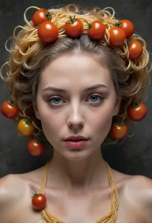 A breathtaking, exquisitely detailed RAW color photograph, capturing a masterpiece of realism with fine grain and crisp clarity. The image presents a stunning and captivating scene with brilliant lighting and a magnificent composition that adheres to the rule of thirds. Showcasing award-winning quality and incredibly realistic detail, the Rembrandt lighting adds depth and contrast, while the dynamic, film-style composition evokes the elegance of a world-famous painting. The final result is a lustrous, high-resolution image with rich detail and delicate, exquisite grain, making it ideal for wallpaper art or product shots. The centered composition emphasizes the subject, creating a strong, magnificent visual that serves as the perfect backdrop.

Surrealism theme, master photography, high-end gray background. A striking close-up of the upper body of a short-haired beauty with flowing, lifelike strands of Italian spaghetti replacing her hair—abundant, golden, and rich in texture. Her face is mysteriously absent, replaced by a mesmerizing arrangement of tomatoes in various hues, from deep crimson to sun-ripened orange, emphasizing the essence of Italian culinary artistry. Her graceful neck and collarbones add an element of elegance, contrasting beauty and unease. The image focuses on the strange yet mesmerizing fusion of human form and quintessential Italian ingredients, celebrating the vibrancy of spaghetti and tomatoes while evoking a sense of surreal horror and delicate artistry, spaghetti, soumen, <lora:ClassipeintXL2.1:.65>, <lora:add-detail-xl:.5>, <lora:xl_more_art-full_v1:.5>, <lora:spaghetti_SDXL:.5>, <lora:MMM_Pasta-000009:.5>