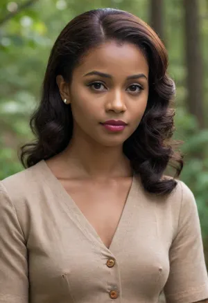 Photorealistic, in the style of a 1930s photograph, realistic face, Nancy Drew, in this reimagining, is a 21-year-old Black woman living in the early 1930s, a time when societal expectations for young women were still tightly bound by tradition, yet the world was on the cusp of change. She is a striking figure—tall and poised, with smooth, radiant skin and an air of effortless elegance. Her features are sharp yet warm, with full lips, high cheekbones, and expressive dark eyes that seem to gleam with curiosity and intelligence. She carries herself with the quiet confidence of someone who knows her worth and isn't afraid to stand out, but there’s a certain subtlety in her allure, a gentle grace that draws people in without ever being overt.

Nancy’s style is an interesting blend of modesty and subtle provocation, reflecting both the time period and her own distinct sense of self. Her wardrobe consists of tailored dresses that complement her lithe figure—knee-length skirts with structured waistlines, often in bold colors or floral patterns, paired with smart, vintage blouses. A silk scarf or hat always seems to complete the ensemble, giving her a timeless, almost cinematic presence. Her walk is purposeful, her posture impeccable, but she never needs to speak loudly to make an impact—she simply commands attention without trying, a gift that often leads others to underestimate her in the best way.

She is, undeniably, a product of her time—a young woman balancing the expectations of the world around her with her deep desire to carve out a place for herself that is uniquely hers. Raised in a racially segregated America, Nancy is no stranger to the prejudices that come with being Black, but these experiences have shaped her resilience, determination, and sharp wit. In fact, these challenges only fuel her ambition, leading her to pursue a career as a private investigator—a rare and daring choice for a woman, let alone a Black woman, in this era.

Nancy’s curiosity is her driving force. She’s a voracious reader, often found poring over dusty books in libraries or detective journals in coffee shops, using every available resource to solve mysteries and bring justice to those who can’t fight for themselves. While she may seem serene and composed on the outside, there’s an undeniable spark of passion that flares whenever she’s on the trail of a case. Her mind is agile, her observations sharp, and she has a knack for seeing connections that others miss.

In a world where women are often told to sit quietly and play the role of the dutiful daughter or wife, Nancy refuses to be bound by those roles. Her intelligence, boldness, and self-assurance make her a quietly provocative presence, challenging the norms of the day with every step she takes.