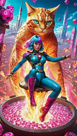 A mysterious nude woman with wild, electric-blue hair and glowing magenta eyes lounges atop a giant, neon-pink rocket, its surface plastered with stickers of grinning skulls, flaming dice, and cryptic symbols. The rocket hovers midair inside an enormous, impossible arena—a kaleidoscopic battlefield where gravity has lost all meaning. In one hand, she holds a bowl of steaming ramen, the noodles writhing like living creatures as a tiny, pixelated dragon made of pure light spirals out from the broth.

Around her, the chaos unfolds at maximum velocity. A hundred identical masked swordsmen, each riding a different species of oversized, cybernetic insect, clash midair in an explosion of rainbow sparks. Gigantic, muscular mechs with snarling oni faces punch meteors out of the sky, sending debris showering into a colossal pit below, where a sentient tornado wearing a referee’s whistle watches with glowing, judgmental eyes. A towering, golden cat with six arms and laser eyes deals cards at a floating poker table, where a robot cowboy, a psychic octopus, and a literal storm cloud place bets in glowing, pulsating yen.

Above, the sky is an endless, glitching anime opening sequence, looping infinitely between sunrises, swirling galaxies, and a gigantic, winking moon wearing sunglasses. Floating vending machines whiz past, firing cans of energy drinks that burst open on impact, coating the battlefield in fizzing, multicolored foam. In the distance, an enormous, flaming kanji symbol explodes across the skyline, as a masked wrestler suplexes a skyscraper-sized kaiju into a river of glowing soda.

At the heart of the arena, a throne of interlocking television screens flickers wildly, each display showing a different version of reality—some in crisp HD, others in jittering, VHS-static chaos. Seated upon it, a shadowy figure with glitching, pixelated horns sips from an oversized teacup, watching the madness unfold. As the woman slurps her ramen, the entire world pauses for a split second—just long enough for the dramatic camera zoom—before everything detonates into a high-speed, hyper-colored, full-volume explosion of absolute, unfiltered anime insanity.