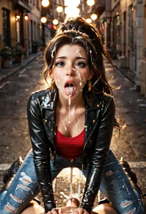 18 years super model girl, Italian model, brunette beautiful long ponytail hair, freckles, makeup eyes, full lips, big eyes, rose mouth, perfect beautiful face, innocent look, screaming in pain, sweaty, excited expression, wearing a wearing tight unbuttoned jeans denim shirt, latex tight jacket, leather and high boots boots, no pants, dogstyle, being fucked by a giant monster ogre with huge cock, in an busy highway, penetrated, cumshot, lot oi cum, good lighting, high resolution, lights, fucked hard, no mercy, bukkake, cum, <lora:MS_Real_XL_Bukkake:.5>