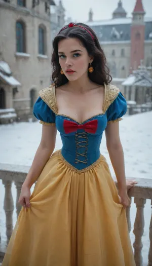 score_9, score_8_up, score_7_up, score_6_up, score_5_up, score_4_up, digital art, realistic, ((Snow White in her iconic dress with a royal blue corset with shoulder pads and bright yellow flowing skirt)), woman black panties down, woman pulling panties aside, man pulling woman panties aside, woman bending on balcony, wide hips, medium perfect tits and medium perfect ass and hips, on a balcony at night with coastal city on background, man dressed as king, woman on her knees, man pants opened, fellatio