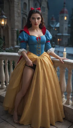score_9, score_8_up, score_7_up, score_6_up, score_5_up, score_4_up, digital art, realistic, ((Snow White in her iconic dress with a royal blue corset with shoulder pads and bright yellow flowing skirt)), woman black panties down, woman pulling panties aside, man pulling woman panties aside, woman bending on balcony, wide hips, medium perfect tits and medium perfect ass and hips, on a castle balcony at night with candlelights, man dressed as king, woman on her knees, man pants opened, fellatio