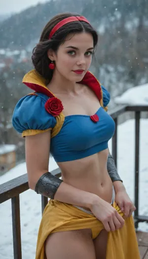 score_9, score_8_up, score_7_up, score_6_up, score_5_up, score_4_up, digital art, realistic, ((Snow White in her iconic colors with a royal blue sexy sports top with shoulder pads and a bright yellow mini skirt)), sexy smile, short hair, messy fringe, posing sexy to viewer, wide hips, medium perfect tits and medium perfect ass and hips, on a balcony, sensually lifting her skirt pad, skirtlift, revealing panties, bending over balcony, man pulling woman panties aside, woman heavily bending on balcony, on a balcony at night with coastal city on background, one man standing, man cock in woman ass, ass_fuck, panties aside, havingsex, woman panties down