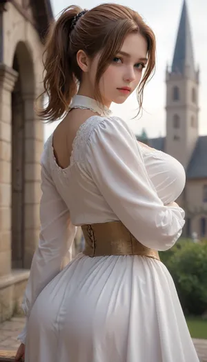 female, 35 years old, compact build, large breasts, wide hips, big butt, short, shoulder-length, slicked-back, ponytail, straw-colored hair, medieval clothing, round face, high cheekbones, <lora:rearpussy-xl-1.0:.5>