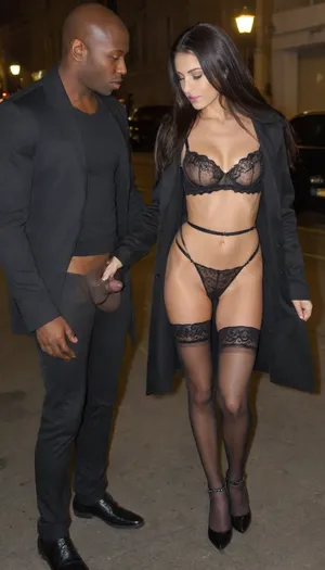 30 years old hawaiian girl walking close to a hot alpha male, (man dressed in black, black pants, black sweater, black man shoes), she is holding his arm, dark skin woman, she is flashing, black satin trenchcoat, leather body harness, black dentelle bra, (slender waist), stockings, black dentelle lingerie, black long hair, street at night, black stiletto, high quality face details