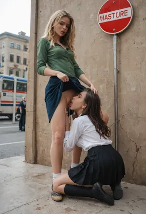 Public Bus stop, Two lesbians, blonde and brunette, brunette standing in front of a wall, blond kneeling below, blonde‘s head is just below the brunette‘s Pussy, brunette squirting, wet pussy, squirt in blonde‘s mouth, Full mouth of squirt, squirt Splash on face, female ejaculation, lesbian domination, standing cunnilingus, standing pussy licking, skirt lift up