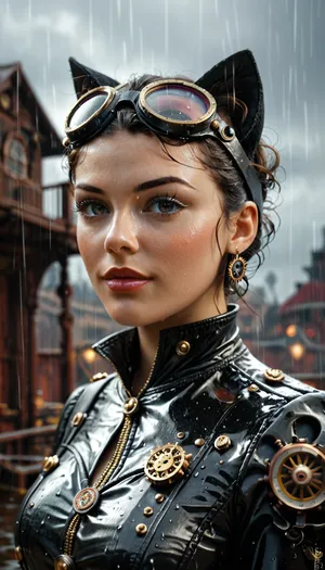 steampunk, 19th century, catwoman, selina kyle, brunette, alone, classic uniform adapted to steampunk clothing, in the rain in a steampunk laboratori, detailed background.