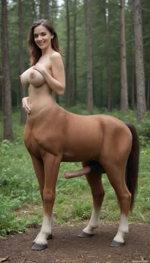 woman, (photorealistic:1.2), solo, (full body, from side), (nude sexy fit female, (centaur, humantaur), with second human body, four legs, pussy), (ideal face, makeup, smile, brown hair, big breast), (forest:1.2), erection, large, penis, (horse erection dick:1.4), testicles, cock, sheath, dark, pink, <lora:humantaurs_02_20_merge_sdxl:1>