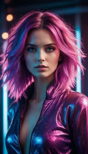 A mesmerizing, high-contrast photograph with a gritty, film-like quality, achieved through the use of negative infrared and cross-process techniques, resulting in an intense, neon-like glow. Ethereal glowing hair. The subject, a model, confidently with blurred, dynamic lines, conveying a sense energy. The model wears a rare, glitch-inspired outfit with distorted, pixelated patterns, evoking a futuristic, Matrix-like aesthetic. The image is captured from a dynamic, low-angle perspective, adding to the overall sense of intensity and drama. The model's features are sharp, with a relaxed, chilled expression, surrounded by a halo of vibrant, glowing light. The image is characterized by bold, vibrant colors with a predominance of blues and purples, adding to the overall sense of futuristic, cyberpunk style.