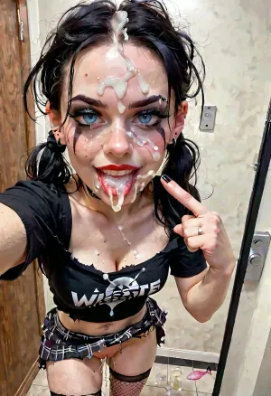 goth girl, emo girl, pale skin, changing room, (smirk face:1.1), pale white skin, (white hair), messy hair, pigtails, top down view, (side view), (taking a selfie:1.6), (finger pointing to mouth:1.6), black shirt, goth makeup, goth clothes, torn fishnet stockings, plaid skirt, cleavage, torn clothes, small breast, perky breasts, skinny face, sharp face features, skinny legs, small ass, skinny thighs, shaved pussy, (cum on face:1.5), (excessive cum leaking from mouth on to chest:1), (excessive cum leaking from pussy:1), cum on pussy, standing up, legs spread, lifting skirt, pink dildo in ass, used condoms, running, dribble, from, tongue, tears, in, mouth, chin, nose, lip, forehead, lipstick, smear, crying, gagged, gagging, gag, half-closed, eyes, closed, oral, invitation, after, fellatio, cum on face cumshot, cumfacial, facial