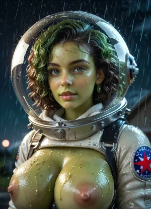 Green skinned alien woman, big tits, leather spacesuit covering her whole body, space goggles, rainy night, 3/4 body view