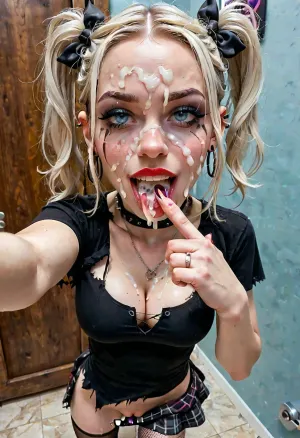 goth girl, emo girl, pale skin, changing room, (smirk face:1.1), pale white skin, (white hair), messy hair, pigtails, top down view, (side view), (taking a selfie:1.6), (finger pointing to mouth:1.6), black shirt, goth makeup, goth clothes, torn fishnet stockings, plaid skirt, cleavage, torn clothes, small breast, perky breasts, skinny face, sharp face features, skinny legs, small ass, skinny thighs, shaved pussy, (cum on face:1.5), (excessive cum leaking from mouth on to chest:1), (excessive cum leaking from pussy:1), cum on pussy, standing up, legs spread, lifting skirt, pink dildo in ass, used condoms, running, dribble, from, tongue, tears, in, mouth, chin, nose, lip, forehead, lipstick, smear, crying, gagged, gagging, gag, half-closed, eyes, closed, oral, invitation, after, fellatio, cum on face cumshot, cumfacial, facial