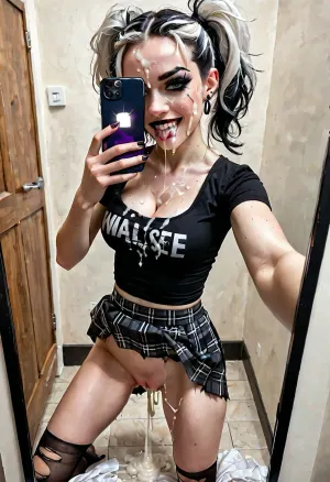 goth girl, emo girl, pale skin, changing room, (smirk face:1.1), pale white skin, (white hair), messy hair, pigtails, top down view, (side view), (holding phone taking selfie top down:1.6), black shirt, goth makeup, goth clothes, torn fishnet stockings, plaid skirt, cleavage, torn clothes, small breast, perky breasts, skinny face, sharp face features, skinny legs, small ass, skinny thighs, shaved pussy, (cum on face:1.5), (excessive cum leaking from mouth on to chest:1), (excessive cum leaking from pussy:1), cum on pussy, standing up, legs spread, lifting skirt, pink dildo in ass, used condoms, running, dribble, from, tongue, tears, in, mouth, chin, nose, lip, forehead, lipstick, smear, crying, gagged, gagging, gag, half-closed, eyes, closed, oral, invitation, after, fellatio, cum on face cumshot, cumfacial, facial