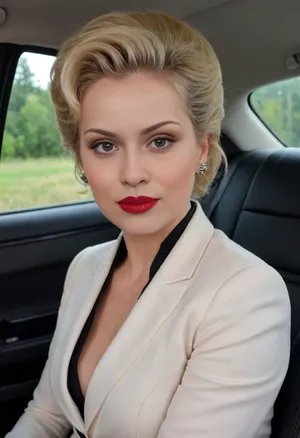 (4K UHD ultra-detailed RAW photo), high detailed, 8k, (photorealistic:1.7), raw photo, close up, face focus, 1/2 body view, soviet mature woman, ((completely clothing)), ((in black formal suit)), (curvy body), ((blonde updo haircut)), 40 years old, perfect face, ((sad:1.3)), blue eyes, makeup, red lipstick, ((sitting on the back seat of a car)), microskirt, extremely, short, skirt, <lora:MicroSkirt_XL:.5>, <lora:580159_training_data:.5>