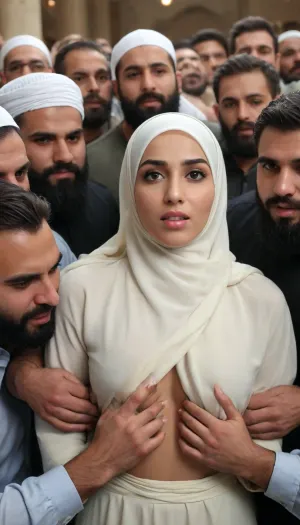 A muslim girl wear hijab, surrounded by a gang of tall Bearded Handsome Muslim men in Haj, Muslim man's hands are tightly wrapped around her body, Pakistani Muslim bodybuilder Hunks harressing the gorgeous girl, (photorealism), gangbang kissing and embracing, intimate and lusty sex
